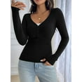 thumbnail image 6 of Women'S Long Sleeve Shirt V-Neck Buttons Ribbed Knit Slim Fit Casual Basic Spring Autumn Tops Black L, 6 of 9