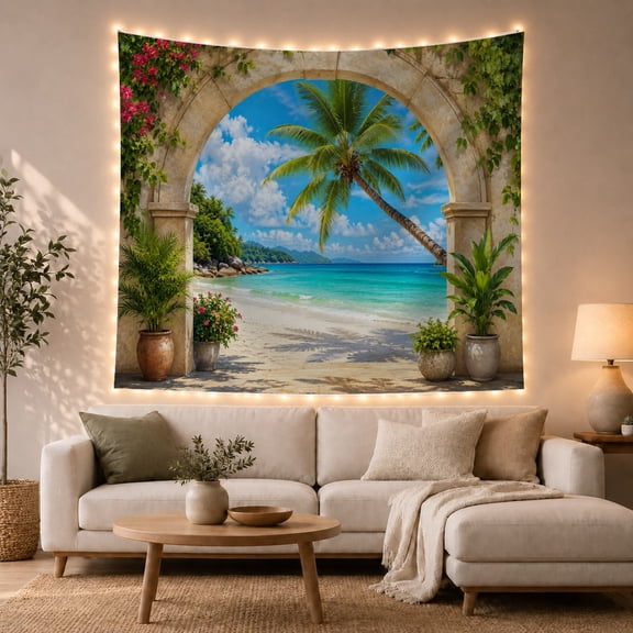 Tropical Beach Through a Stone Archway, Serene Coastal Style for Beach Lovers, Coastal Wall Art, Housewarming Gift, Tapestry Wall Hanging for Bedroom and Living Room