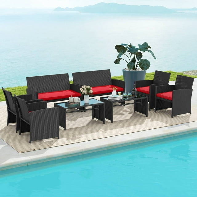 Gymax Ensemble de 8 Pcs pour Conversation de Patio avec Coussins de Siège et Dessus de Table en Verre Trempé, Porche Extérieur, Rouge