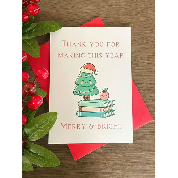 Thank You Holiday Card – Cute Christmas Tree Design with Books – Blank Inside, Red Envelope Included – Perfect for Expressing Gratitude This Year
