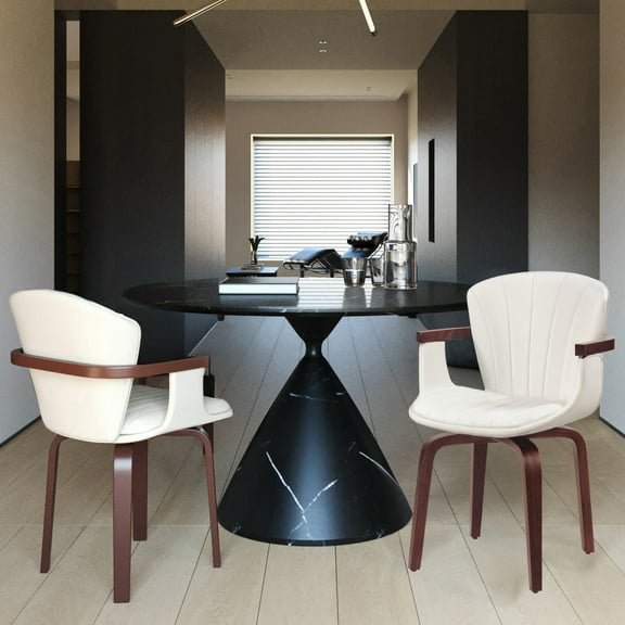 Lisonu Mid-Century Modern Swivel Dining Chairs Set of 2, Bentwood Accent Chair with 360° Swivel Base, White PU Leather Upholstery for Kitchen & Dining Room