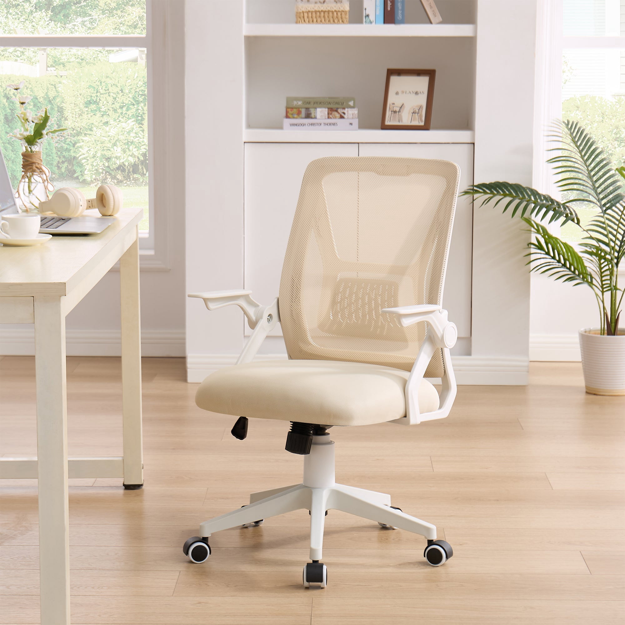VECELO Mid-Back Swivel Adjustable Ergonomic Office Chair, Mesh Lumbar Support and Adjustable Arms Task Chair for Computer, Beige