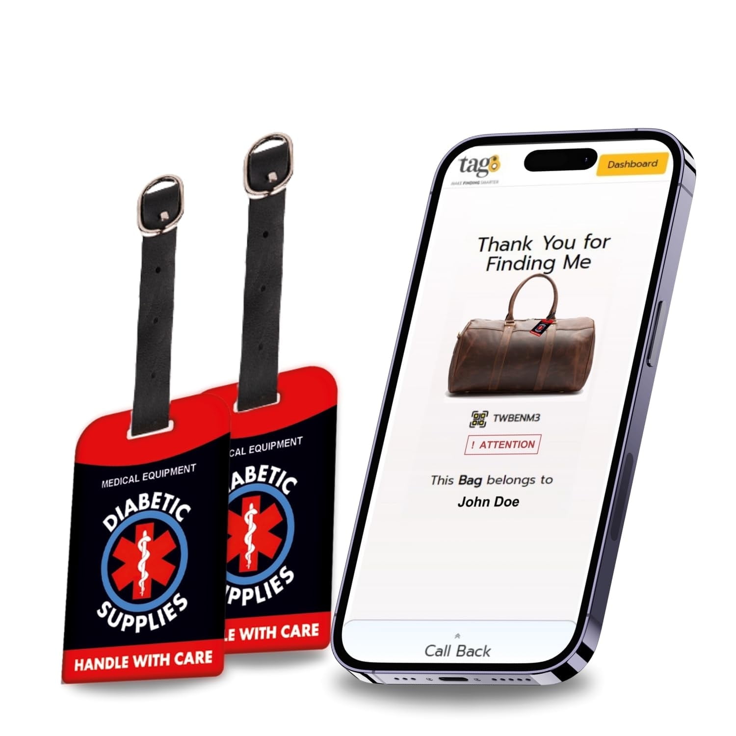 tag8 Diabetic Supplies Medical Luggage Tag | Bag tag for Medical Alert, Insulin Medical Equipment | Airline Compliant, SITA World Tracer Code Enabled | Gift idea - Pack 2