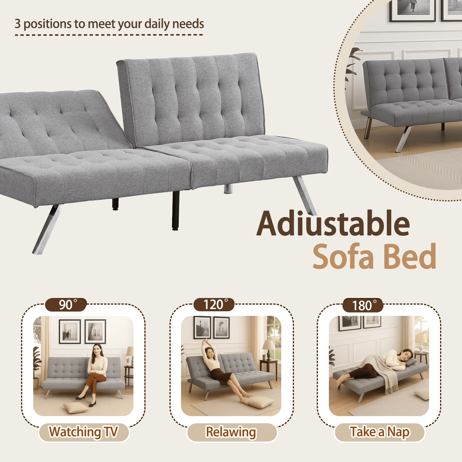 ASINMAK Convertible Sofa Bed Adjustable Couch Sleeper - Fabric Loveseat Futon Bed with Breathable Chenille, Metal Legs, and Adjustable Lounge - Perfect for Compact Living Space - Gray