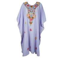 Mogul Women Lavender Floral Kaftan Dress HAND Embroidered Kimono Sleeves Resort Wear Housedress One Size