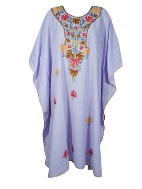 Mogul Women Lavender Floral Kaftan Dress HAND Embroidered Kimono Sleeves Resort Wear Housedress One Size
