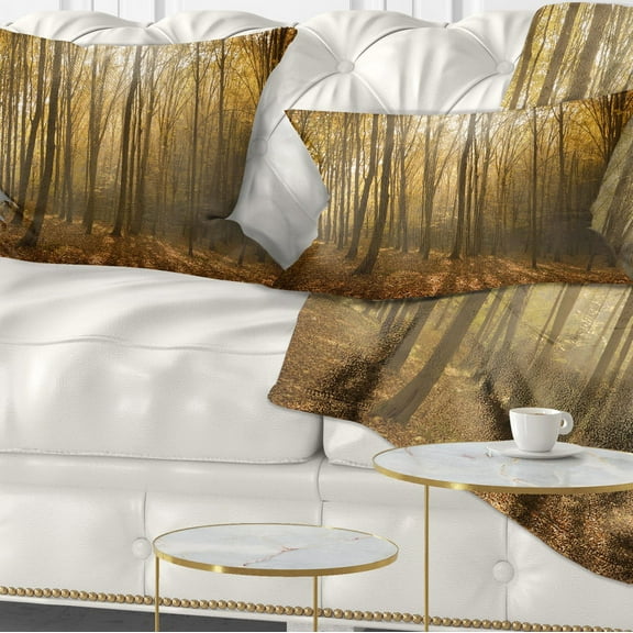 Designart Thick Green Fall Forest with Fog - Forest Throw Pillow - 12x20