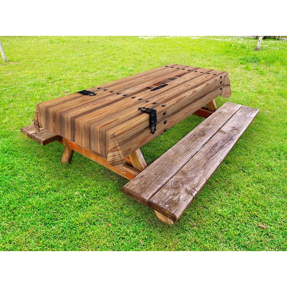 Rustic Outdoor Tablecloth, Wooden Door with Iron Style Padlock Gate Exit Enclosed Space of Building Picture, Decorative Washable Fabric Picnic Tablecloth, 58 X 104 Inches, Pale Brown, by Ambesonne