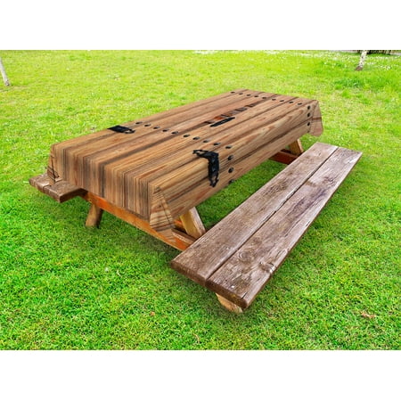 

Rustic Outdoor Tablecloth Wooden Door with Iron Style Padlock Gate Exit Enclosed Space of Building Picture Decorative Washable Fabric Picnic Tablecloth 58 X 120 Inches Pale Brown by Ambesonne