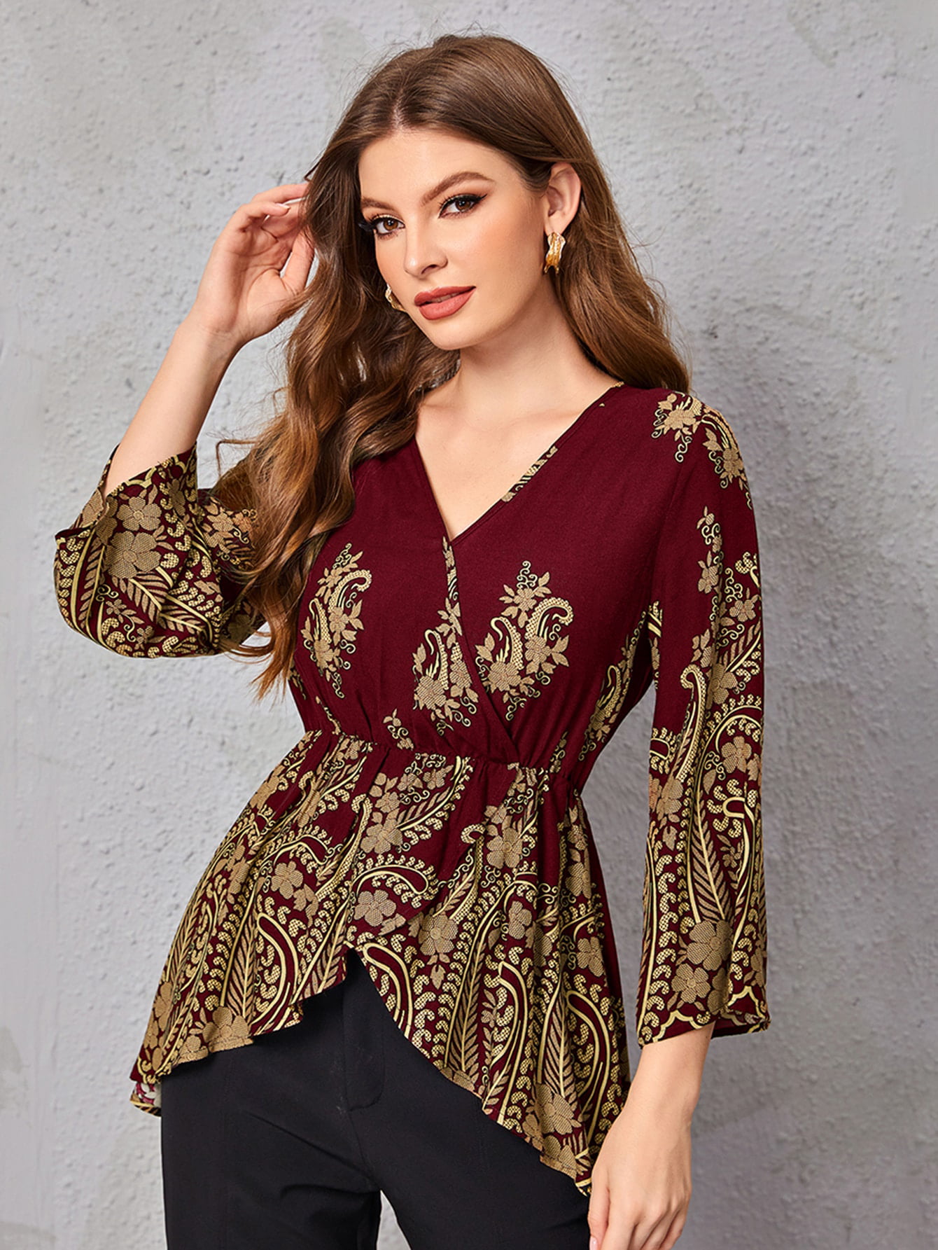 Women Long Sleeve Asymmetrical Hem Shirt Tops Floral Print Ethnic Loose Blouse