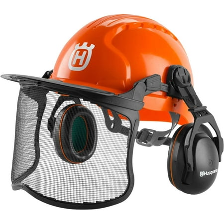 

Husqvarna 592752602 Chainsaw Helmet with Metal Mesh Face Shield Adjustable Ear Muffs for Hearing Protection and Sun Peak HDPE Forestry Helmet Shell Orange