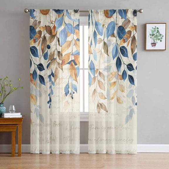 Orange Blue Botanical Sheer Curtains 72 Inches Long 2 Panels Set, Window Sheer Curtains for Living Room/Bedroom, Weeping Fall Eucalyptus Leaves Rustic Light Filter Rod Pocket Curtain 52'' x 72'' x 2