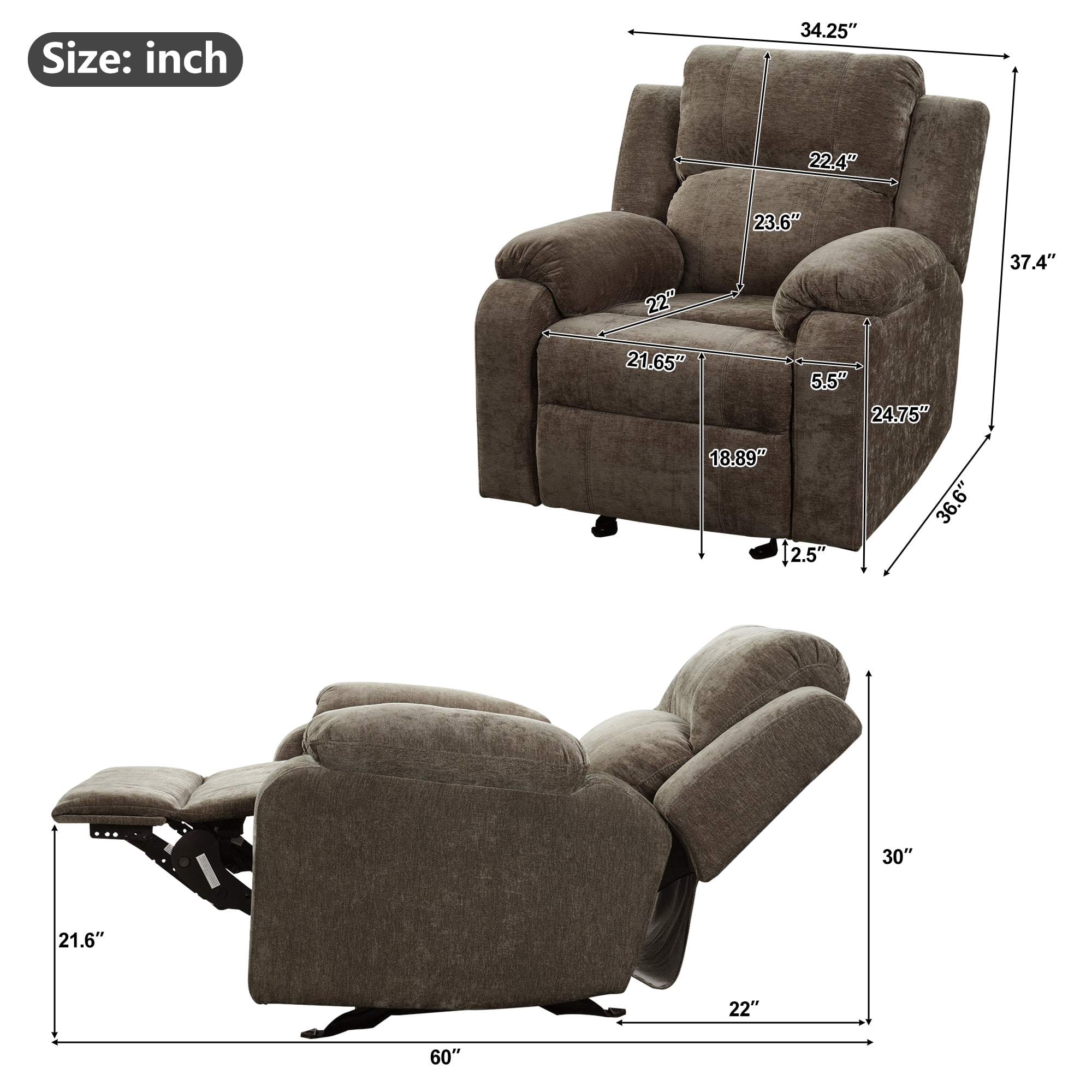 TiramisuBest Manual Recliner Chair,Chenille Upholstered Adjustable Lounge Armchair for Living Room,Brown