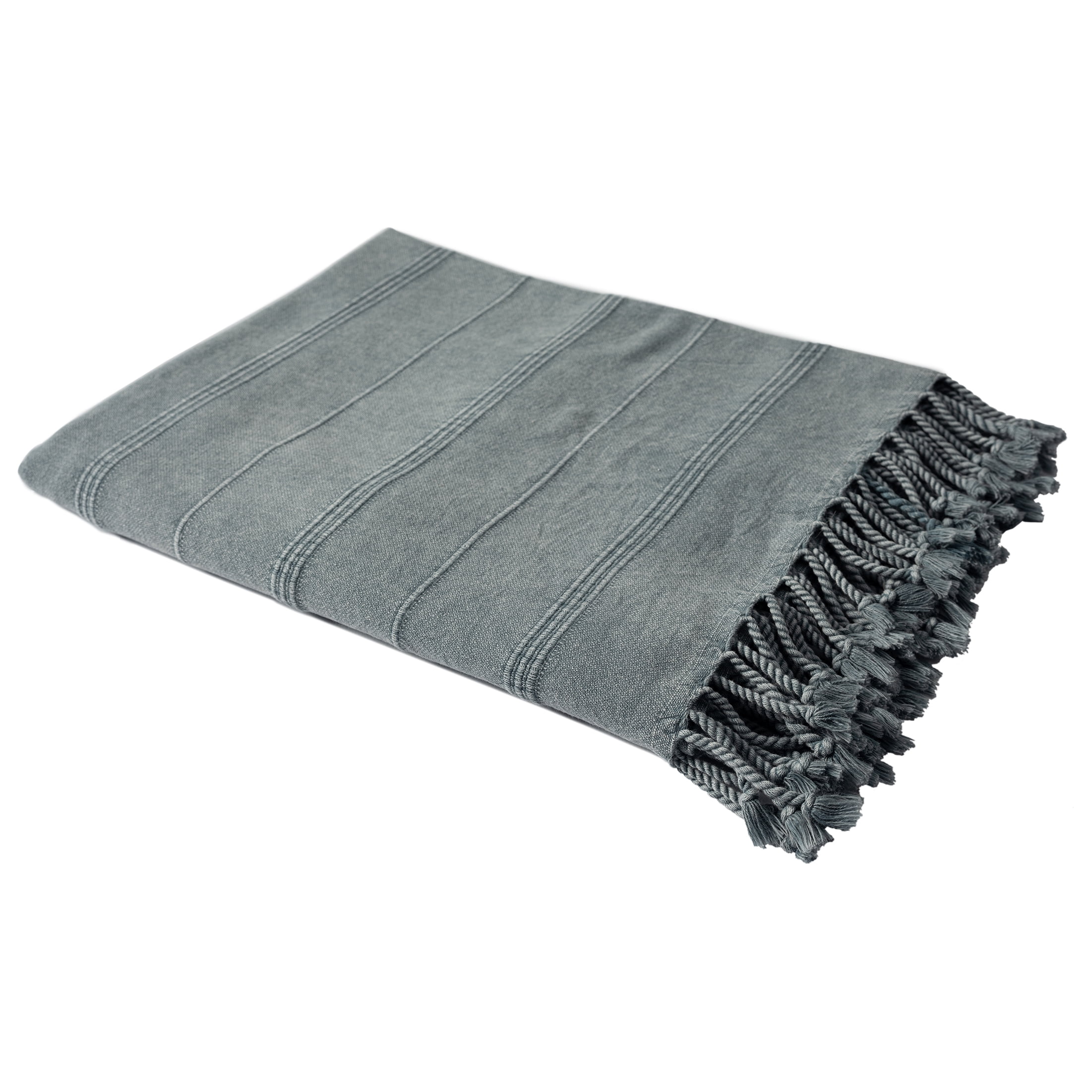Ox Bay Sarra Bluish Gray Striped Fringed Ultra-Soft Turkish Cotton Reversible Throw Blanket, 50" x 60"