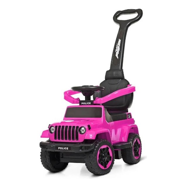 montable camioneta/carro con barra de empuje, luz y sonidos rosa grande — vista frontal 3/4 de montable rosa con barra de empuje negra, asiento y respaldo negros, volante con botones accesibles para luz y música, barra de seguridad alrededor del niño, parrilla y faros simulados y ruedas con detalle rosa; a menudo usado para paseos guiados por un adulto.