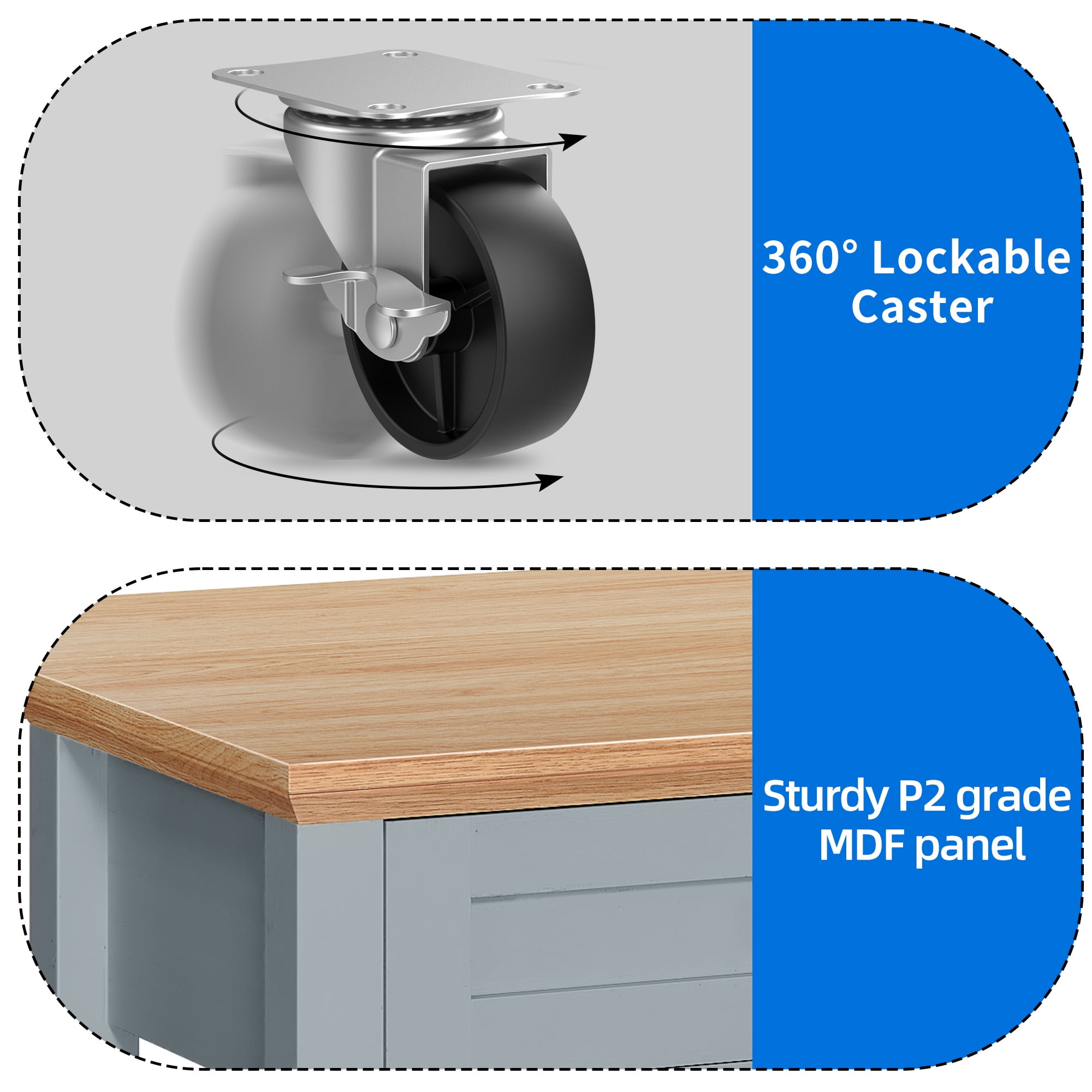 Uforic Kitchen Island Cart with Power Outlets, Kitchen Storage Trolley Cart with Storage Shelves & Drawers, Blue Gray