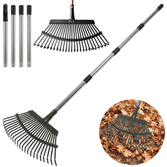 Heavy Duty Expandable Bow Leaf Rake for Yard & Lawn - 71" Long Adjustable Stainless Steel Handle, 19" Wide Metal Head with 25 Rust-Resistant Tines, for Leaves, Grass, Debris & Lawn Cleanup