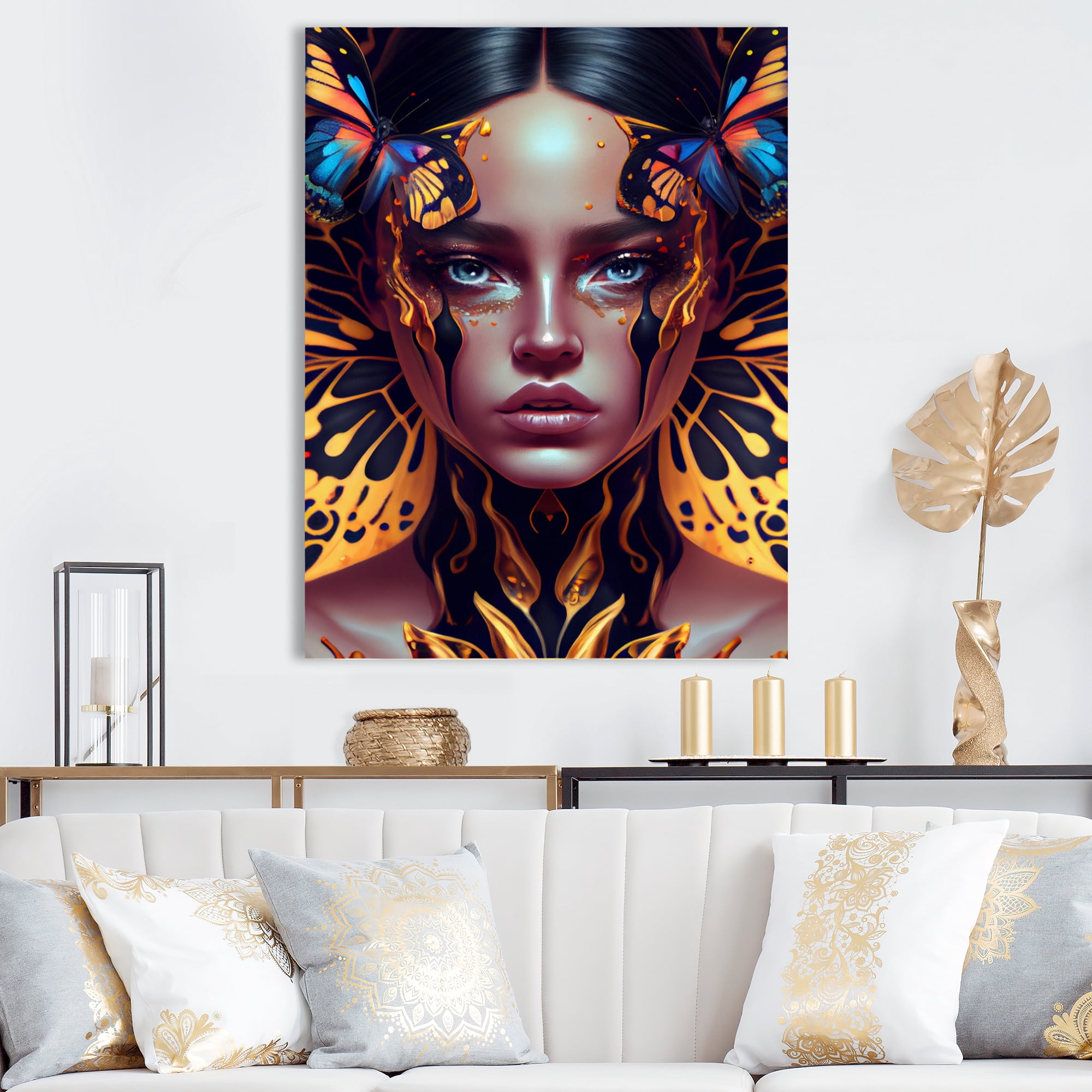 Designart Sensual Woman With Colorful Butterfly VIII Canvas Wall Art