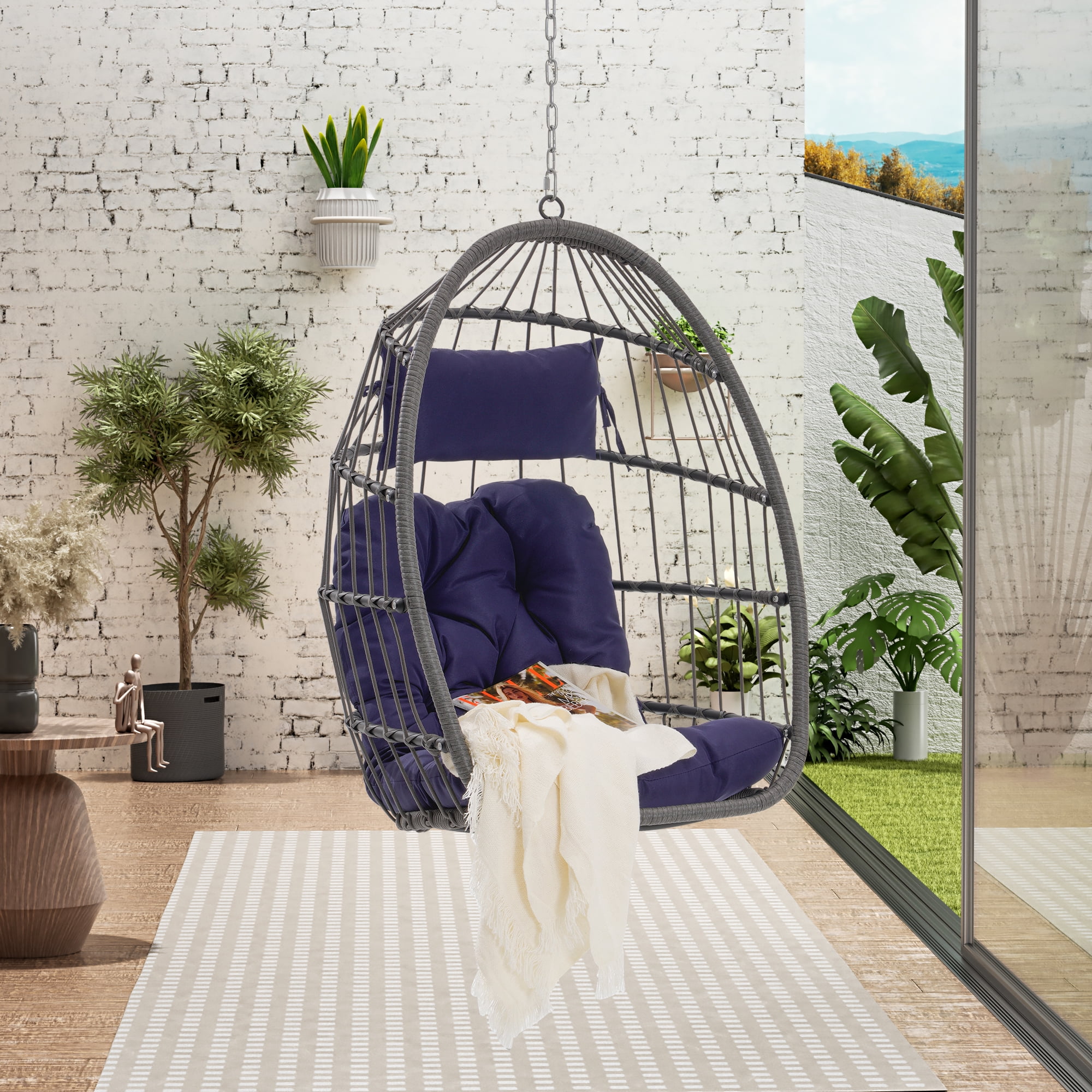 Deep Blue Cushion PE Rattan Egg Hanging Swing Chair, Galvanized Steel Frame UV Resistant Wicker Hanging Chair, Supports 360 LBS for Garden Patio Indoor Outdoor