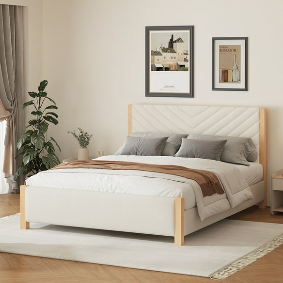 Leuco Queen Size Upholstered Platform Bed Frame with Wood Legs & Headboard, No Box Spring Needed, Beige