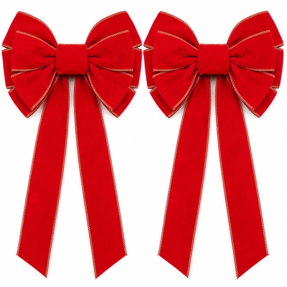 2 Pack 12"x 20" Large Red Velvet Christmas Bows with Glitter Gold Edge for Tree Ornaments Wreath Fence Stairs Fireplace Indoor Outdoor Decor