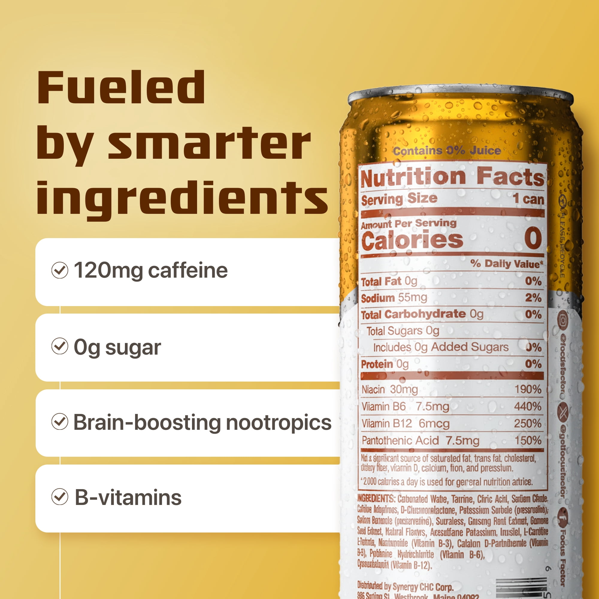 Focus Factor Energy Drink - 12 x 355ml Cans (Pineapple Paradise Flavor) - with Focus + Energy - Sugar Free, Low Calorie with Vitamin B6 & Vitamin B12
