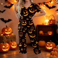 thumbnail image 3 of Women's Halloween Loungewear Set Short Sleeve V Neck Top and Cropped Pants with Pockets Ghost Pumpkin Print Breathable Soft Pajama Set for Home Outdoor Black L, 3 of 6