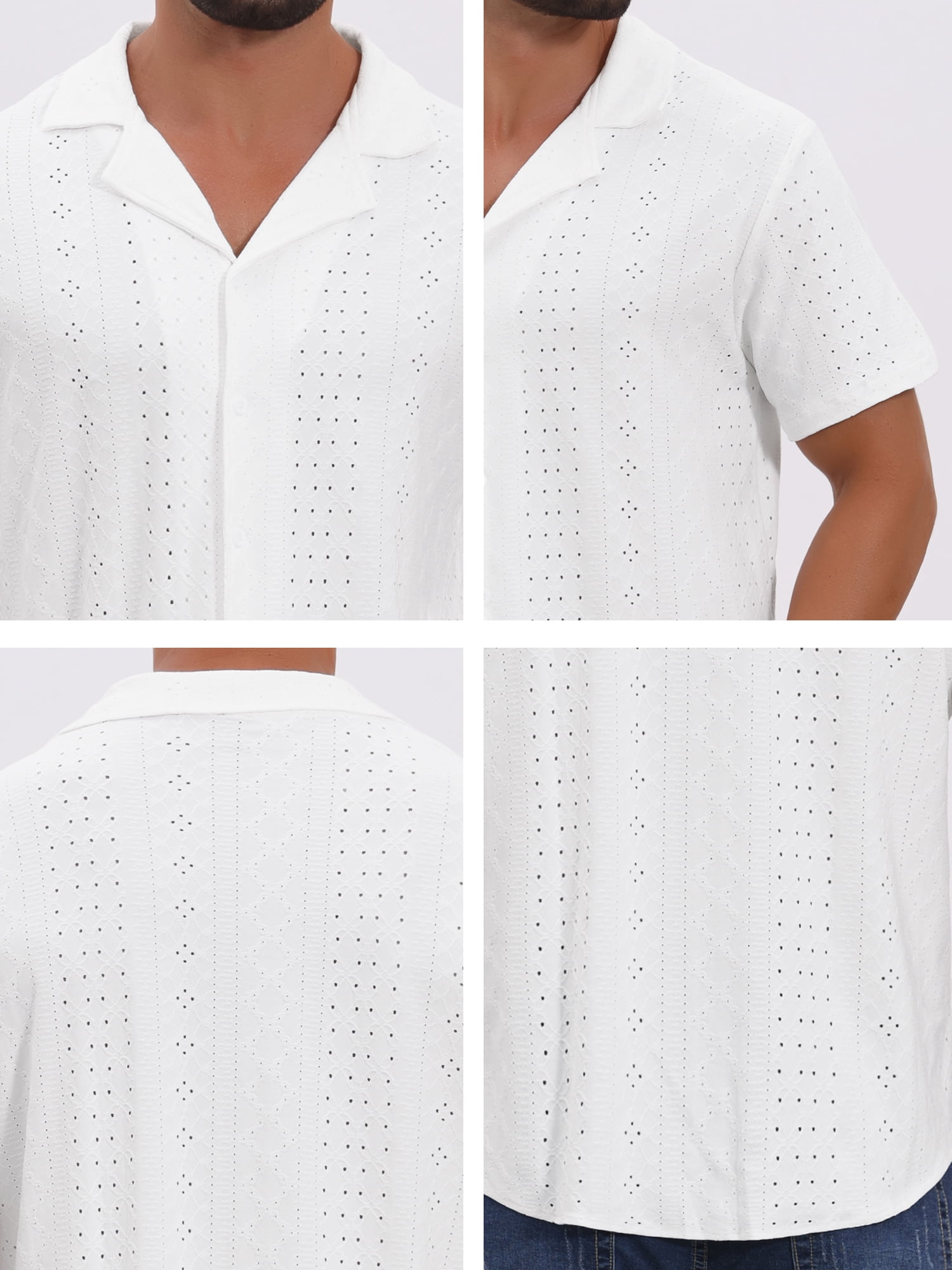 DARING DIVA Men's Hollow Texture Knit Short Sleeve Camp Collar Shirt M White