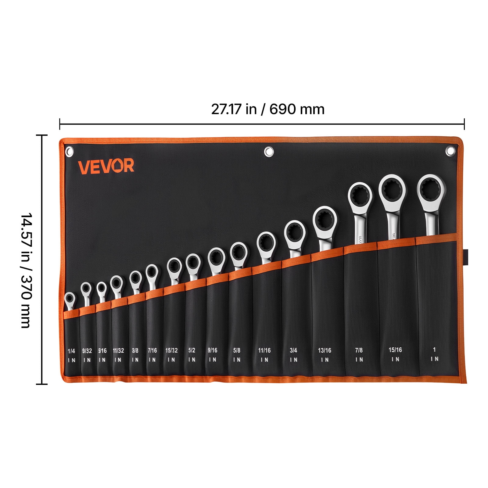 VEVOR Combination Wrench Set, 16-Piece SAE Sizes, 72 Teeth, Cr-V Steel Ratcheting Wrench Set, with Roll Up Pouch, Open End, Clear Size Labels, for General Household and Automotive Repairs, Silver