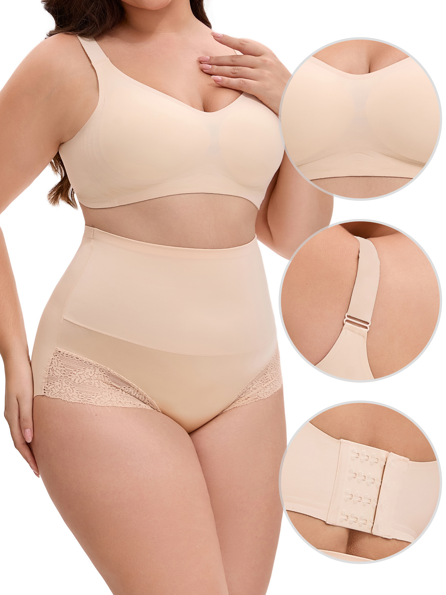Unique Bargains Lace Trimmed High Waisted Tummy Briefs 2XL Beige