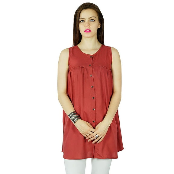Bimba Women Red Short custom Tunic Top Sleeveless Cotton Blouse Button Down Kurti