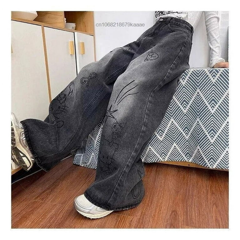 Sanrio Hello Kitty Graffiti Washed Black Baggy Jeans Women Sanrio Hello Kitty Graffiti Washed Black Baggy Jeans Women