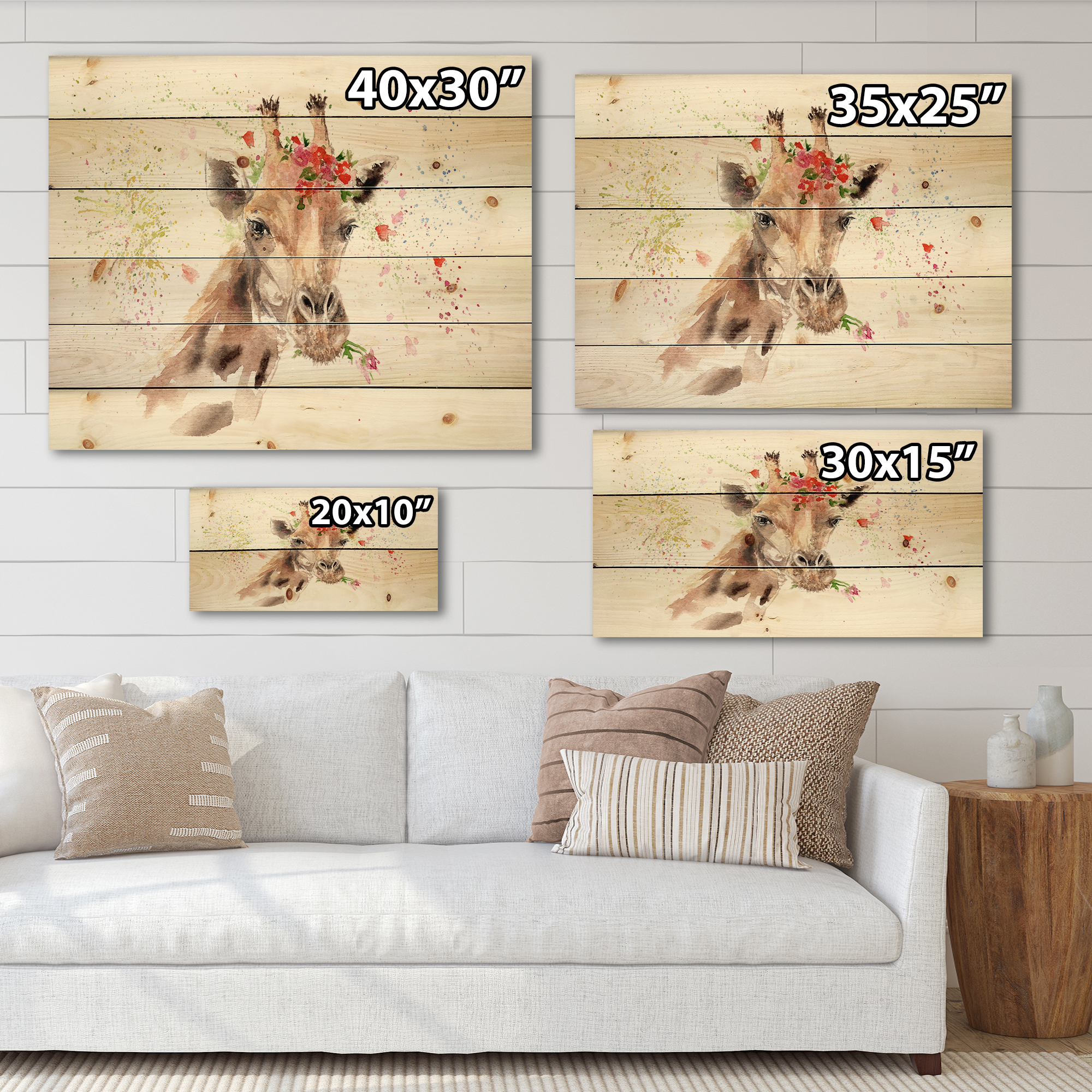 Designart 'Portrait of A Giraffe With Red Flowers II' Farmhouse Print on Natural Pine Wood