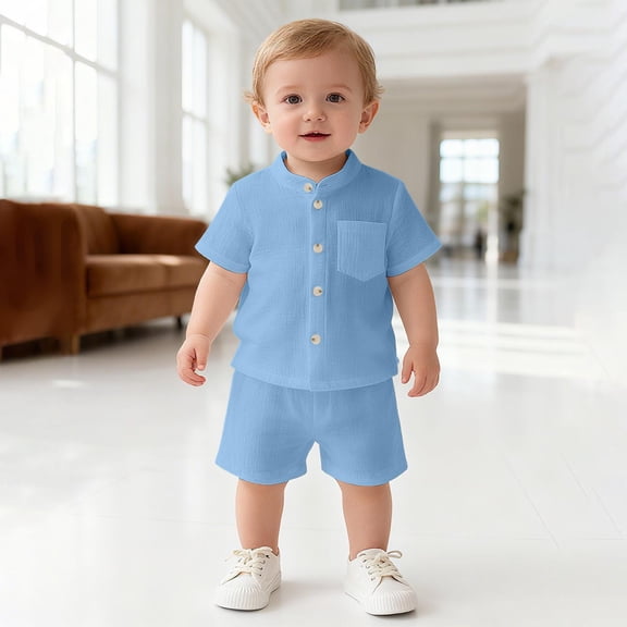 Glisme Boys Outfits Short Sleeve T Shirt Shorts Solid Color 2 Pieces Set Cute Infant Clothes Blue
