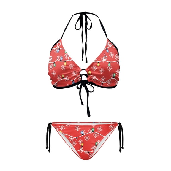 Uourmeti Women's Halter Triangle Bikini Set - Christmas Lights & Snowflake Print Sexy Tie Side Two Piece Swimsuit for Beach Vacation & Pool Party