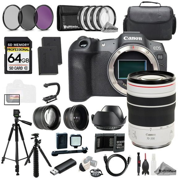 Canon EOS R8 Camera   RF 70-200mm f/4 L IS USM Lens 64GB Ext Bat 9 PC Filter-MEGA Kit (International Version)