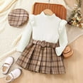 thumbnail image 4 of Toddler Girls Three Piece Fall Set Long Sleeved Ruffled Turtleneck Striped Top + Plaid Skirt With Belt + Plaid Hat, 4 of 5