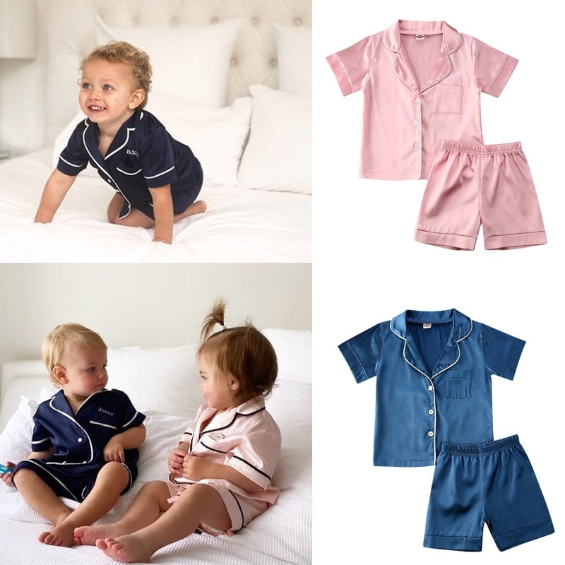 Emmababy Summer 2pcs Baby Boy Girl Satin Silk Pajamas Set Short Sleeve Shirt Pants Sleepwear Pink