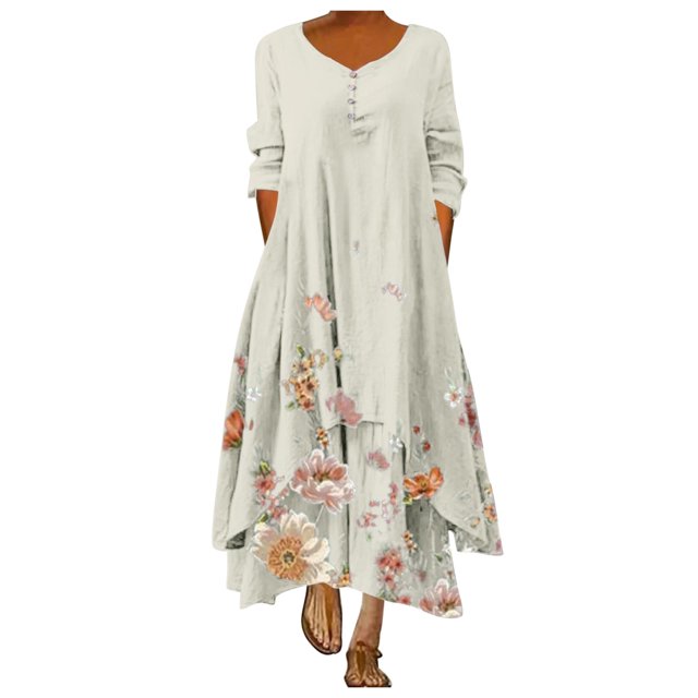 JFBUJC Robe Décontractée à Fleurs pour Femmes, Col Rond, Manches Longues, Irrégulière, Ample, Longue