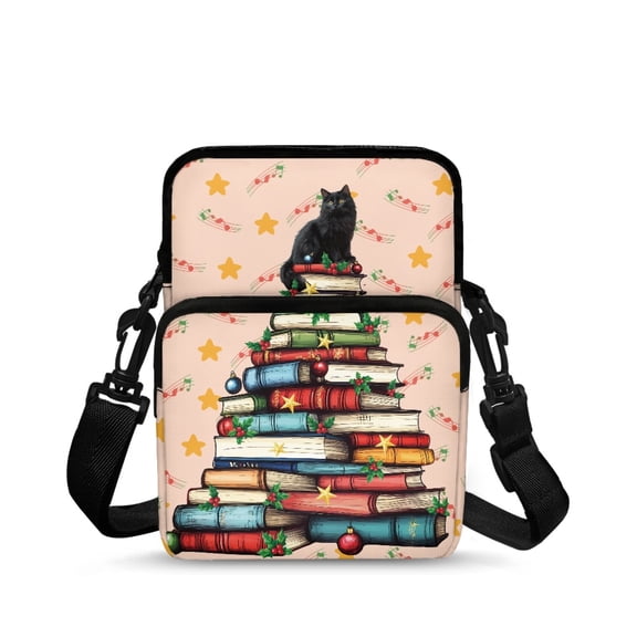 Psesaysky Christmas Two Layer Crossbody Bag Featuring Black Cat Book Tree, Compact Messenger Purse for Women and Men, Travel and Shopping Shoulder Bag