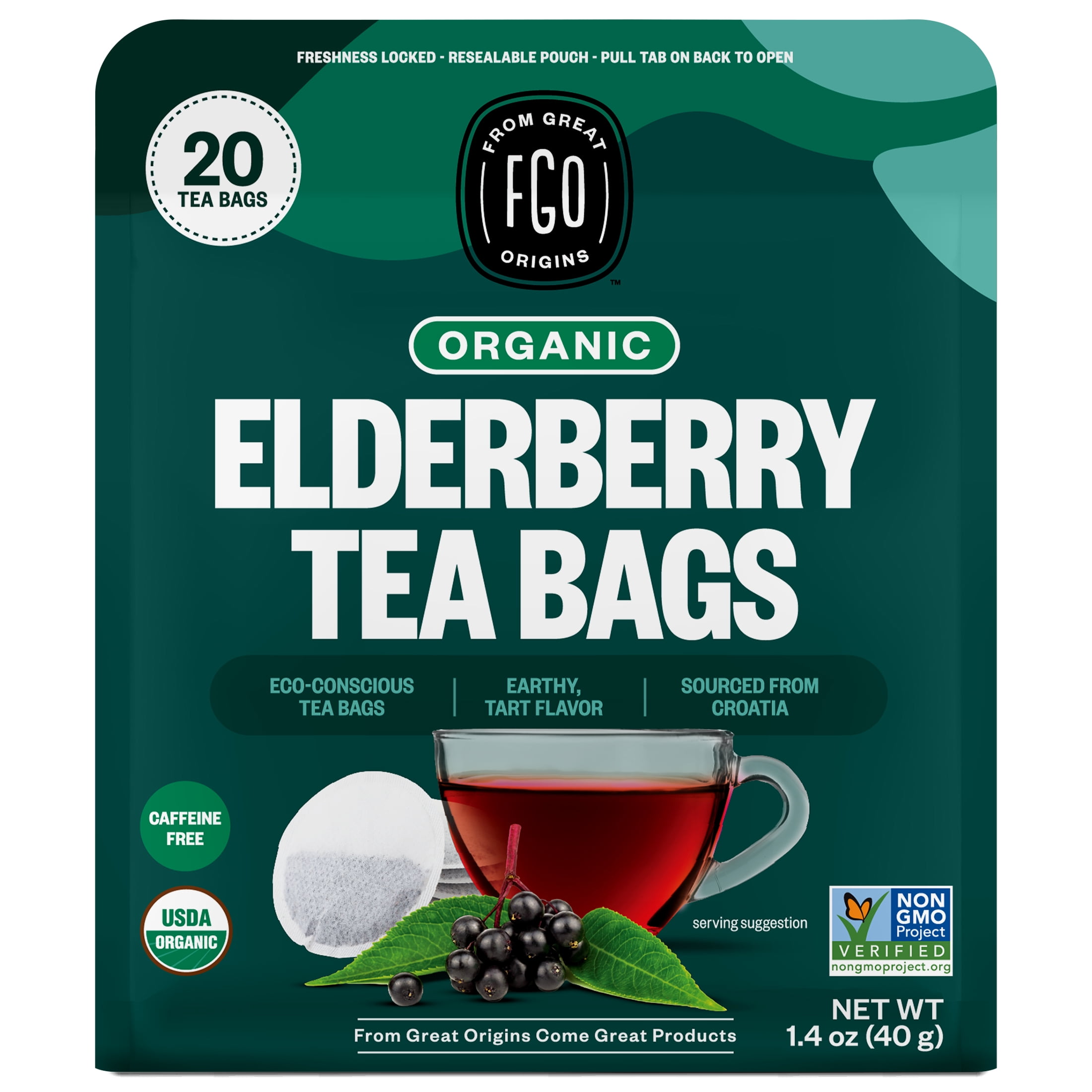 (2 pack) FGO Elderberry Tea, Organic, Eco-Conscious Tea Bags (20 Count)