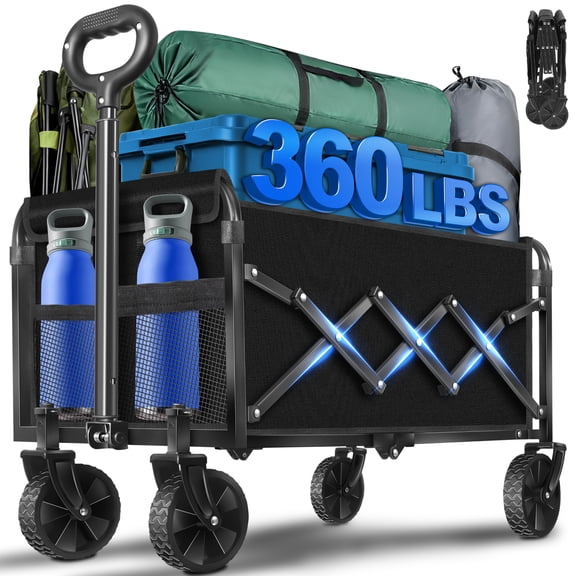 Kovryx Collapsible Wagon Cart Foldable, Heavy Duty Folding Wagon with All-Terrain Wheels, Portable Beach Camping Shopping Garden Cart, 360LBS, Black