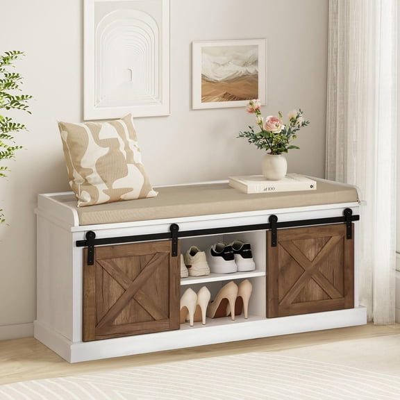 2-Tier Shoe Storage Bench,43" Wooden Shoe Cabinet with Sliding Doors,Length Shoe Bench with Adjustable Shelves,Storage Bench for Entryway,Hallway,Bedroom