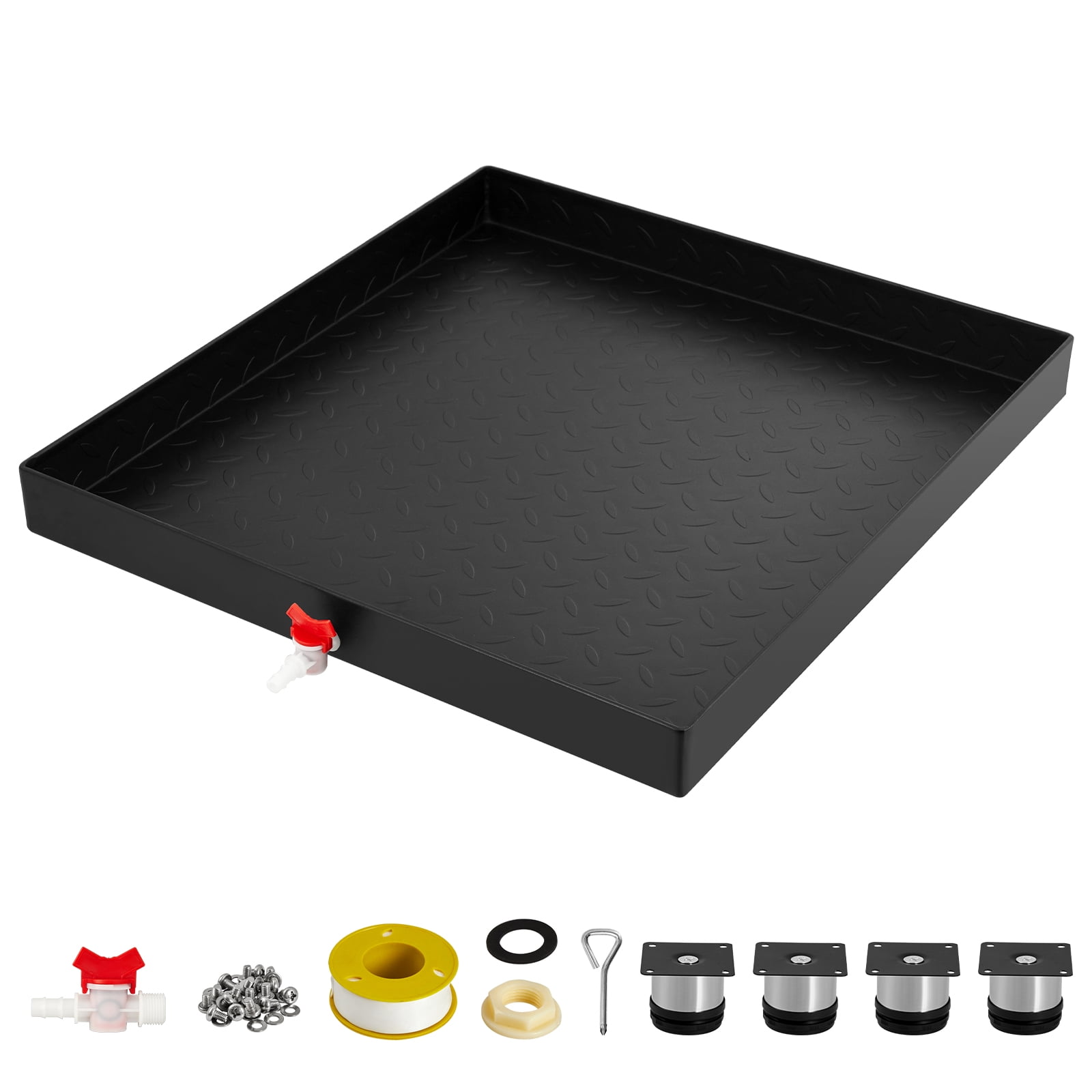 Kojooin Heavy-Duty Carbon Steel Washing Machine Drain Tray, with Waterproof Tape, Water Outlet Switch, Drain Hole, Hose Connector, and Rust and Leak Protection