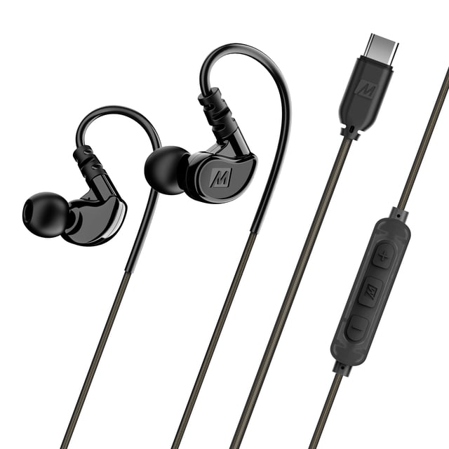 MEE audio M6 Sport Audífonos con Cable USB-C con Ganchos de Oreja de Alambre de Memoria con Micrófono y Auriculares Remotos de 3 Botones para iPhone 17 y Dispositivos USB Tipo C (Negro)