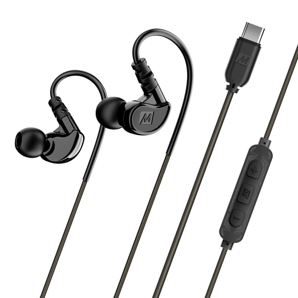 MEE audio M6 Sport Audífonos con Cable USB-C con Ganchos de Oreja de Alambre de Memoria con Micrófono y Auriculares Remotos de 3 Botones para iPhone 17 y Dispositivos USB Tipo C (Negro)