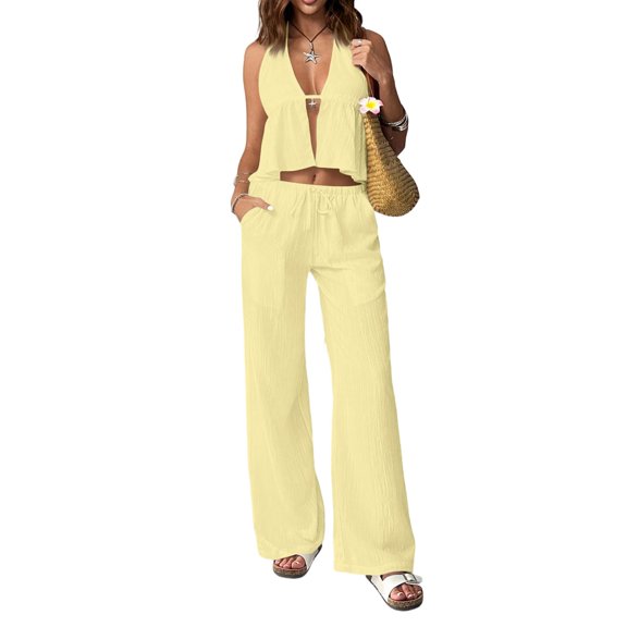 Women's Fashionable High-End Backless Slim Fit Sleeveless Vest And Trouser Set, Size S-2XL