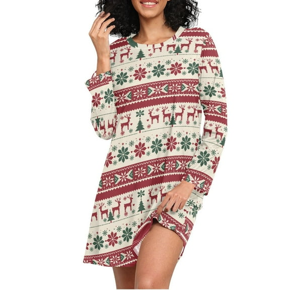 joogoo Christmas Tree Elk Ethnic Women's Long Sleeve Nightgown Sleepwear L