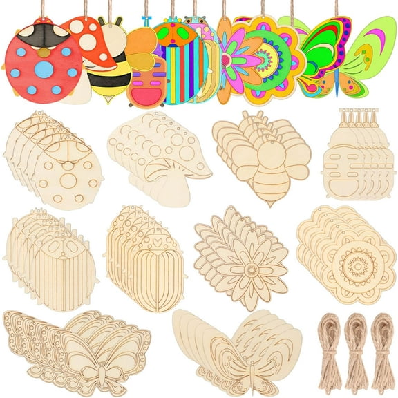 DIY Wooden Ornaments Set, 60 Pcs, 10 Styles of Unfinished Wood Cutouts for Home Crafts and Decor