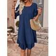 thumbnail image 5 of Solid Puff Sleeve Ruffle Hem Smock Round Neck Loose Ruched Beach Short Dress Dark Blue XXXL, 5 of 9